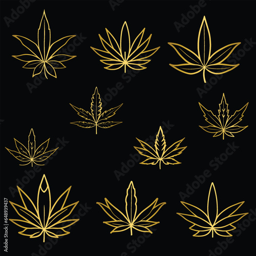 Set of golden cannabis leaves
