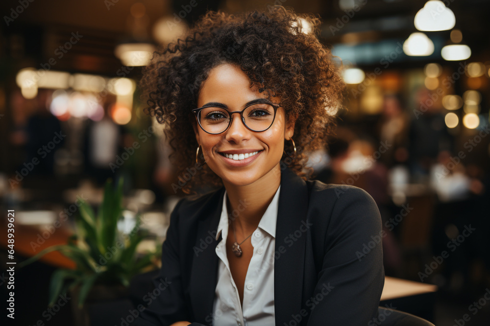 Happy middle aged business afro woman ceo standing in office arms crossed made with AI Happy middle aged business afro woman ceo standing in office arms crossed made with AI