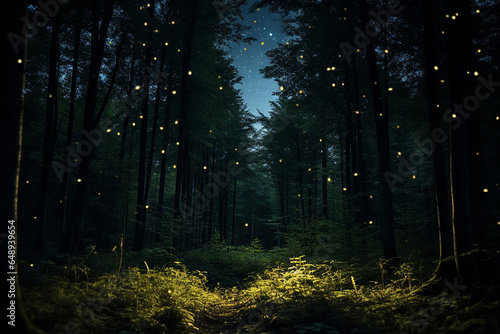 A forest full of bright fireflies at night