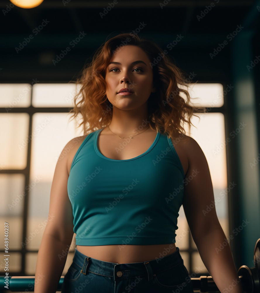 An overweight woman is practicing fitness in a gym. Generative AI.
