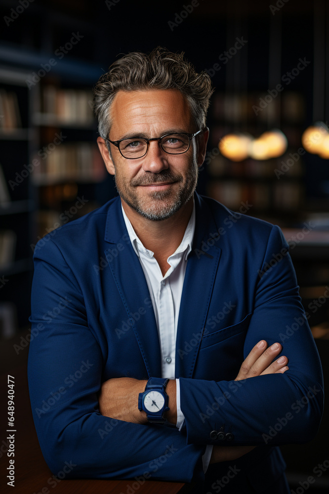 Happy middle aged business man ceo standing in office arms crossed made with AI Happy middle aged business man ceo standing in office arms crossed made with AI