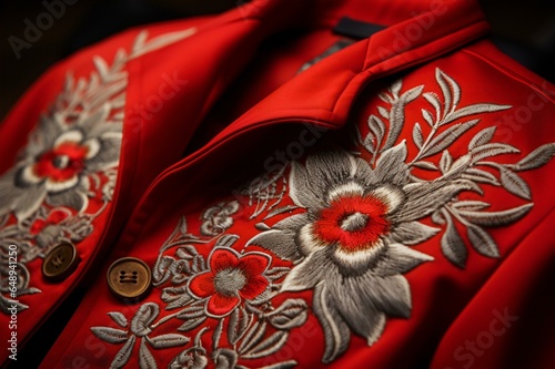 Red Festive Jacket: A Symphony of Handmade Floral Patterns, Gene