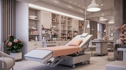 Dermatology and beauty clinic treatment Interior decoration for VIP customers by expert dermatologists. Beauty salon, spa, massage with equipment to to help relax, physiotherapy, relaxing massage. photo