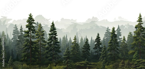 Mystical morning. Foggy forest adventure. Pine peaks and misty valleys. Serene wilderness. Emerging from mist. Sunrise in woodland background photo