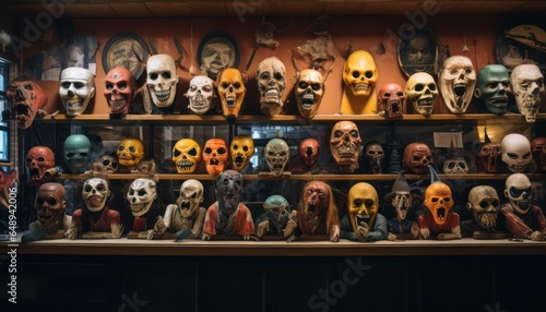 Photo of a colorful display of various skulls on a shelf
