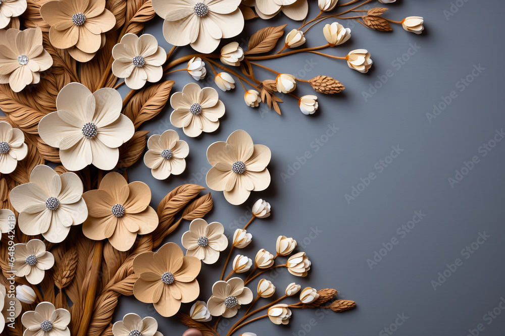 Horizontal background with handmade felt flowers and cardboard tag on canvas texture made with AI Horizontal background with handmade felt flowers and cardboard tag on canvas texture made with AI