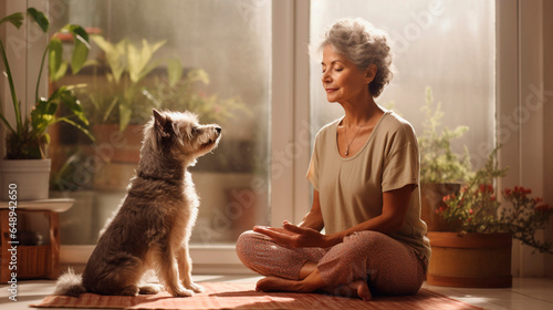 Obraz na płótnie old lady old in yoga position with her dog, meditation, mindfulness next to a window with daylight with relaxation, good health, fullness w salonie