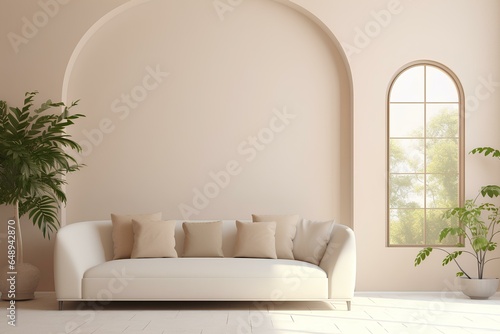 Minimalist home interior design of modern living room. sofa against arched window near beige wall. generative AI © yj