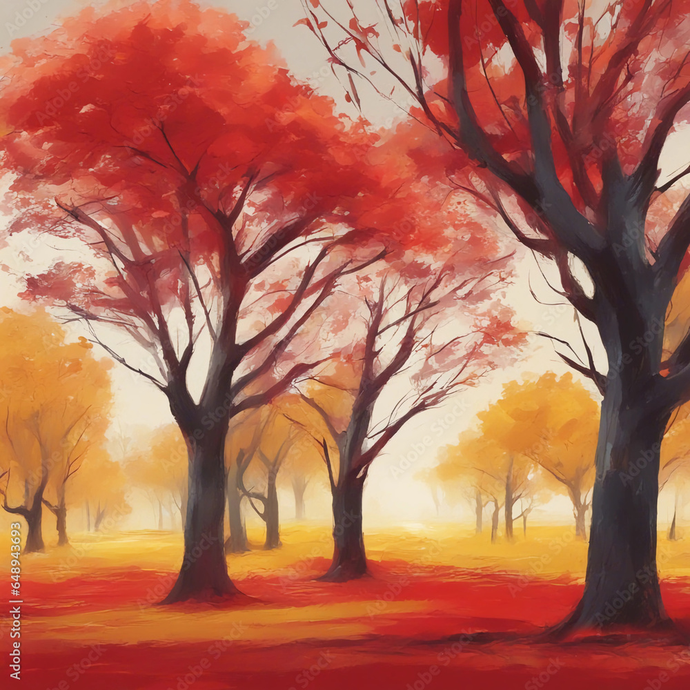 Oil painting on canvas, autumn forest. Generative AI.