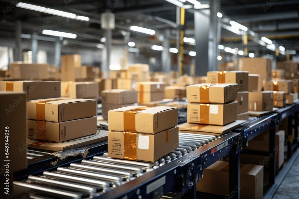 Cardboard boxes with parcels on conveyor belt in the sorting center Cardboard boxes with parcels on conveyor belt in the sorting center