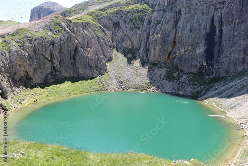 Alto Adige, Italy – July 16, 2023: Lake of Boe, a little alpin lake in Dolomite mountain in Alta Badia, Alto Adige, Italy.