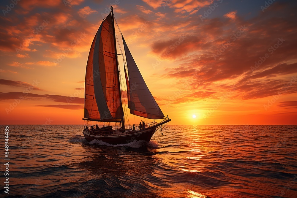 Sailboat sailboat in the sea against the red sunset sky