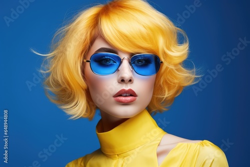 girl with yellow hair wearing blue glasses. Portrait of fashion beauty young woman