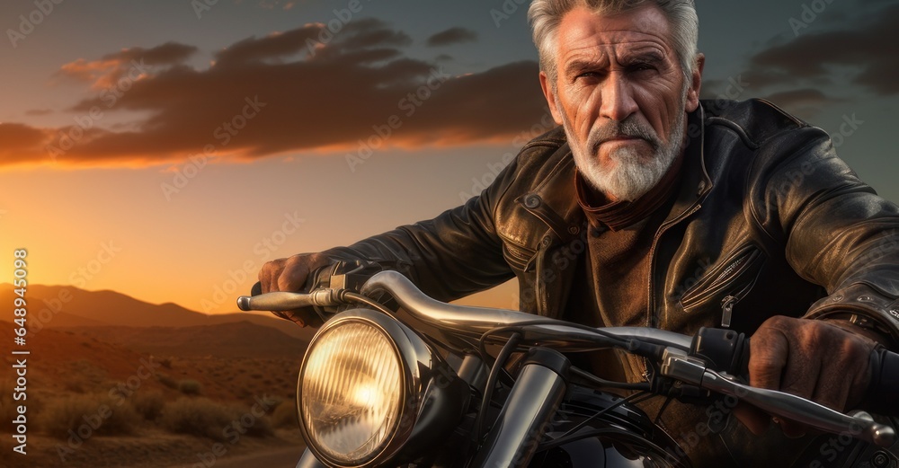 an elderly biker, leather jacket donned, revving up his classic motorcycle against a setting sun