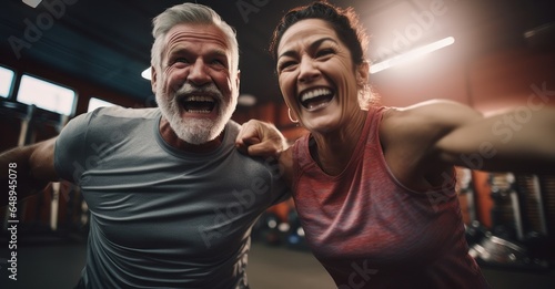 a spirited senior couple pushing their limits at a fitness studio