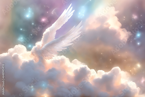 Wing of beautiful fairy in heaven. Angel Wing Magic Realism, radiating a sense of otherworldly beauty and serenity, warm pastel tone, clouds, wings, realm of dreams, Generative AI