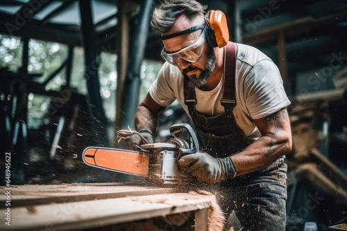 man cutting wood with chainsaw wearing safety glasses photo