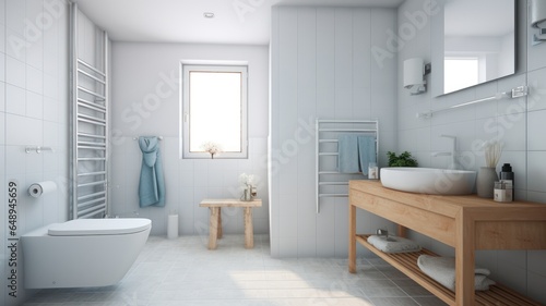 Interior of modern luxury scandi bathroom with white tile walls and window. Wooden countertop with wash basin and towels  rectangular mirror  wall hung toilet. Contemporary home design. 3D rendering.