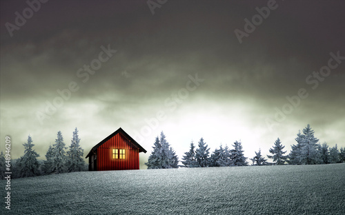 Weihnachtshütte mit leuchtendem Fenster in einer verschneiten Winterlandschaft