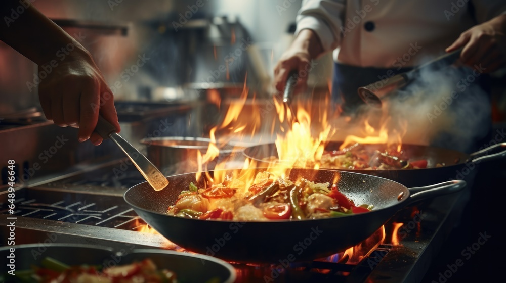 Close-up Professional chef hands cook food with fire in kitchen at restaurant. Close-up Professional chef hands cook food with fire in kitchen at restaurant.