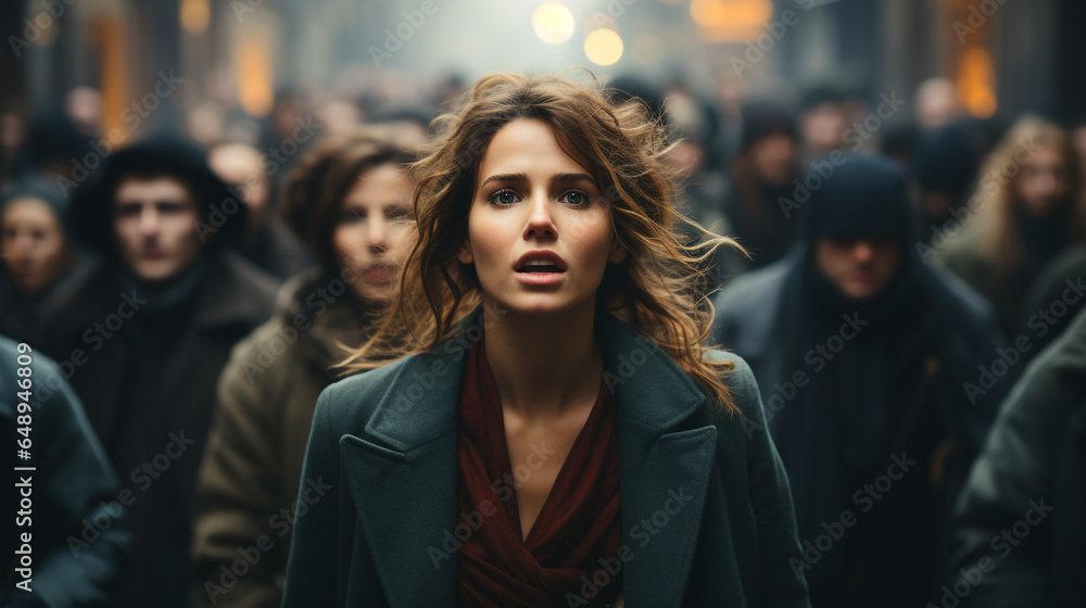 Panic attack in public place. Woman having panic disorder in city made with AI - obrazy, fototapety, plakaty 