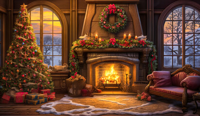 Living room home interior with decorated fireplace and christmas tree, vintage style.  Christmas Holidays. Christmas Card. 
