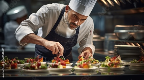 Male chef plating food in plate or preparing cooking food in kitchen at restaurant.