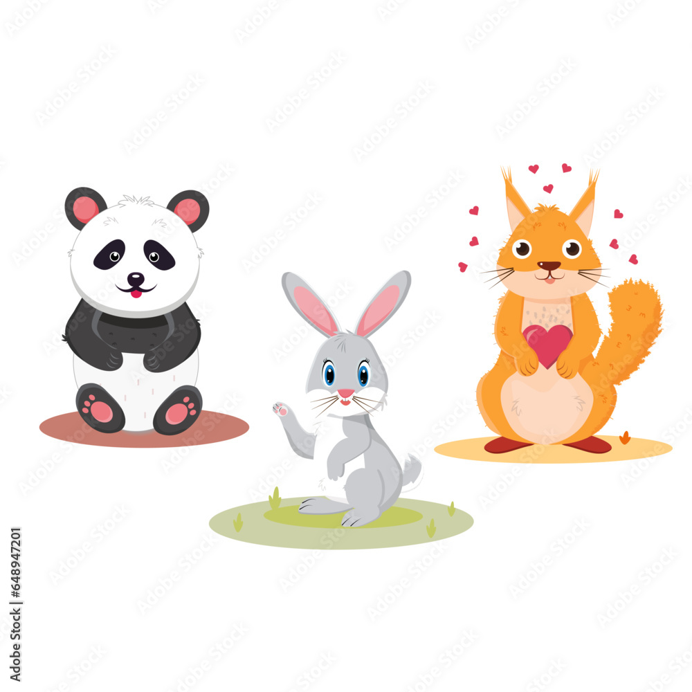 Naklejka premium Cute animals in cartoon style (panda, bunny, squirrel)