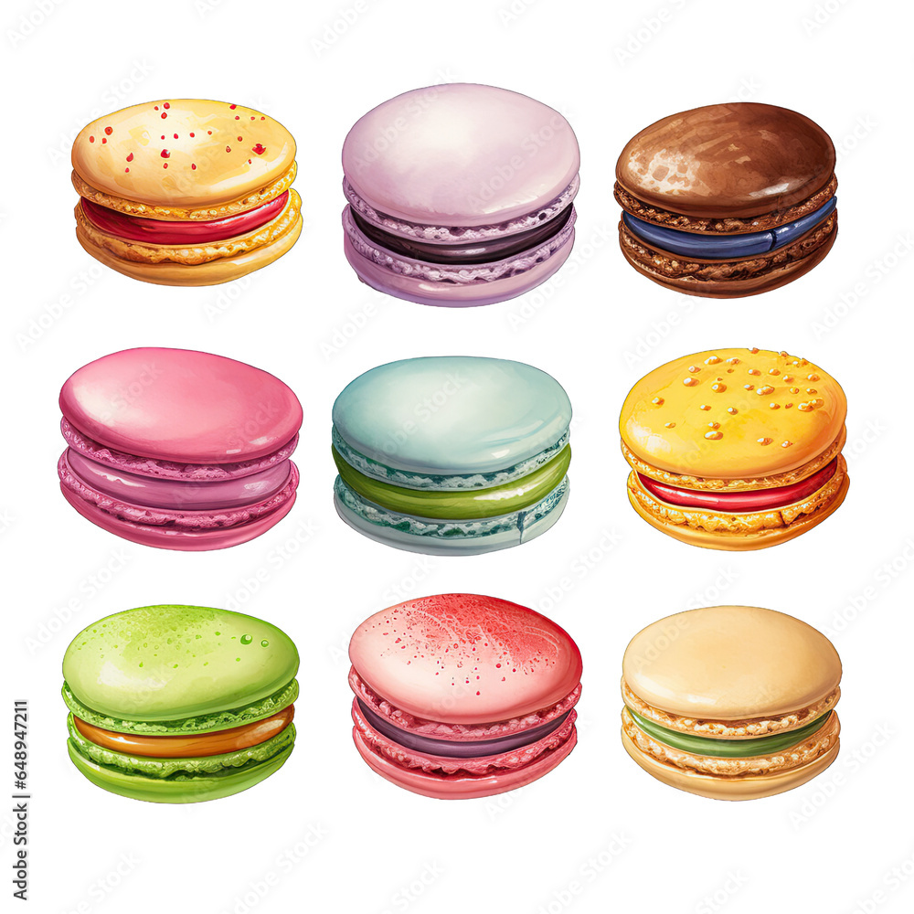 A professional digital art illustration hand painted style of Macarons clipart collection on transparent blackground generate by AI