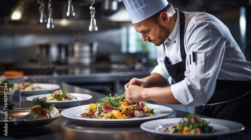 Male chef plating food in plate or preparing cooking food in kitchen at restaurant.