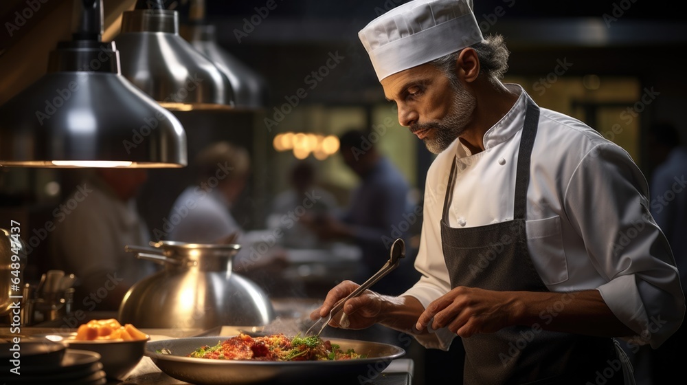 Male chef plating food in plate or preparing cooking food in kitchen at restaurant.