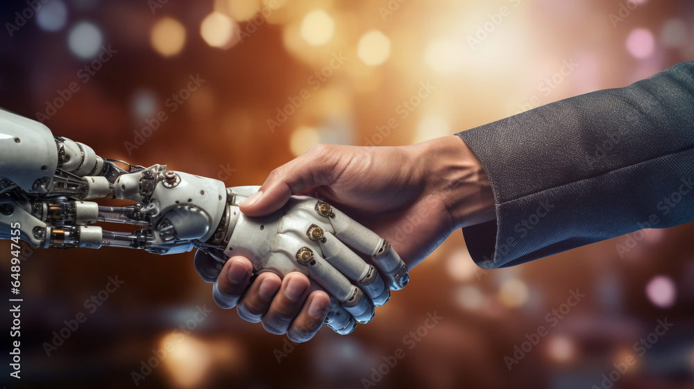 A human arm and a robotic arm handshake close up, representing the collaboration between creativity and technology of robotics and artificial intelligence, isolated on a bright background with bokeh - obrazy, fototapety, plakaty 