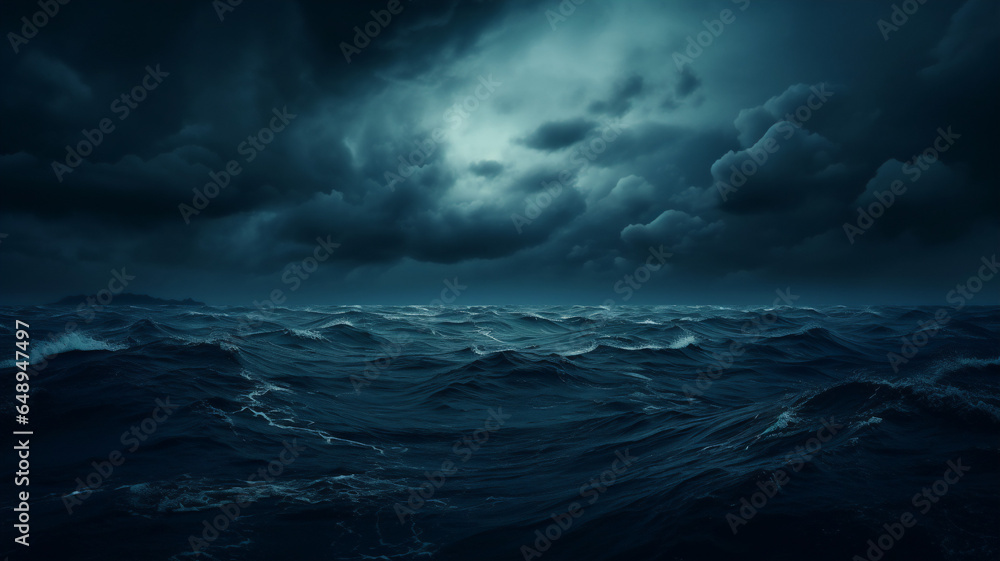 A dark and dramatic ocean scene with waves and clouds. Wide view of the ocean, with the sky covered with stormy clouds for an epic background or wallpaper - obrazy, fototapety, plakaty 