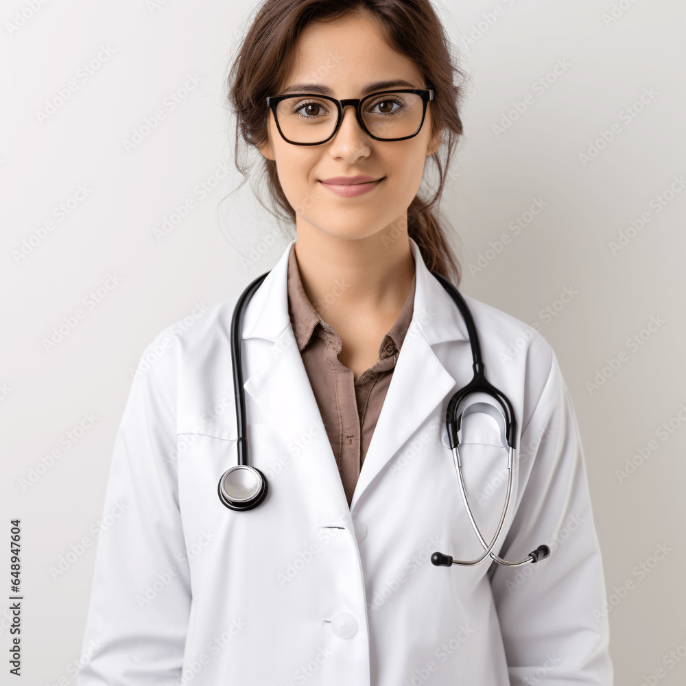 In a medium close-up shot,medical professional stands against a crisp white background. Their attire exudes professionalism, and their focused demeanor suggests a dedication.Generative Ai illustration In a medium close-up shot,medical professional stands against a crisp white background. Their attire exudes professionalism, and their focused demeanor suggests a dedication.Generative Ai illustration