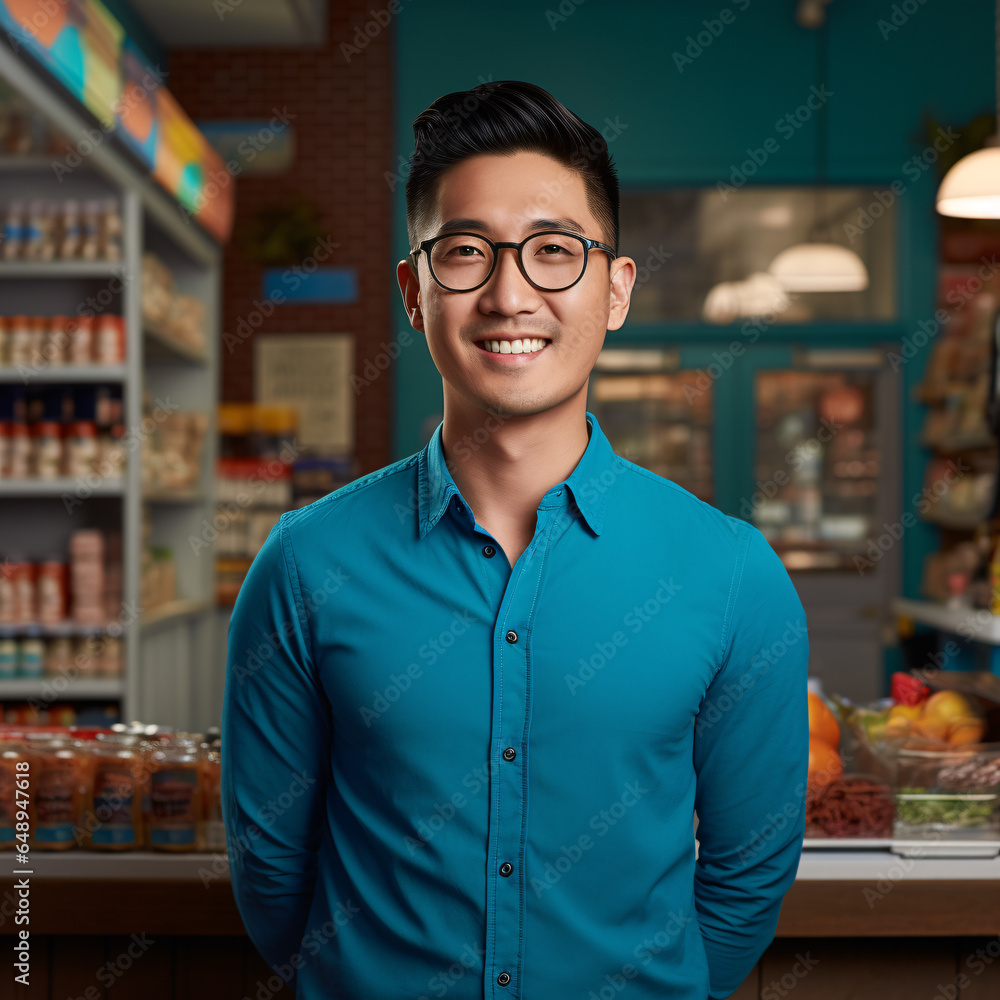 realistic photograph depicts a male Asian small business owner against a backdrop the specified color, setting a professional and visually appealing tone his entrepreneurial.Generative Ai illustration - obrazy, fototapety, plakaty 