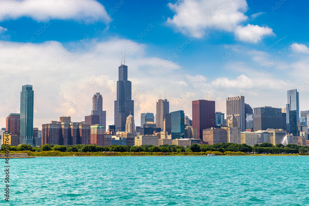 Naklejka premium Cityscape Chicago at Lake Michigan