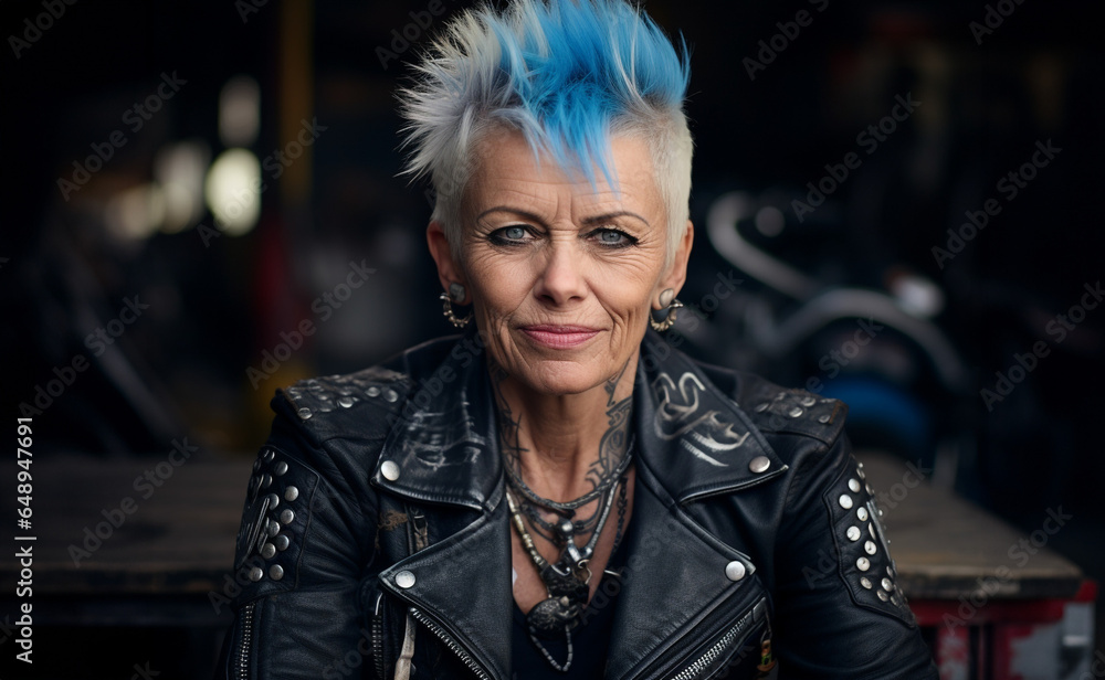 A mature lady with a young spirit and a rebellious punk style: spiky white hair with a blue streak, studded leather jacket, smiling and defiant gaze on a dark background - obrazy, fototapety, plakaty 