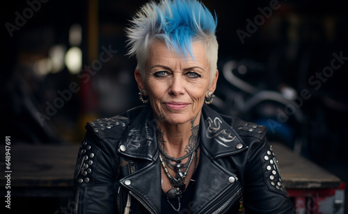 A mature lady with a young spirit and a rebellious punk style: spiky white hair with a blue streak, studded leather jacket, smiling and defiant gaze on a dark background photo