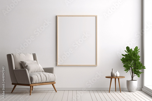 In this hyper-realistic scene,vertical blank and empty wall frame showcased in living room adorned with contemporary architecture and stylish Scandinavian furniture.The soft,Generative Ai illustration © peerapong