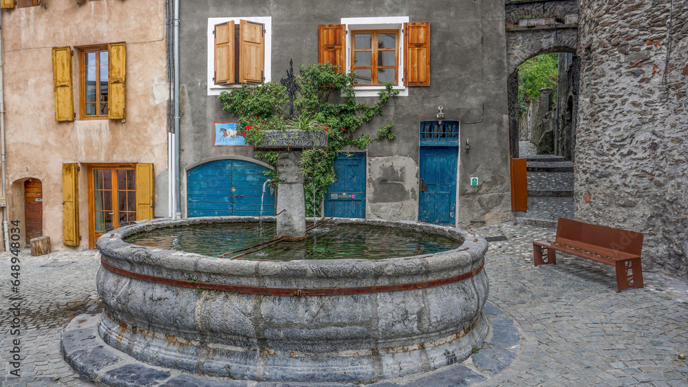 A look at the Anselme fountain in the Ancient City of Albertville, France.