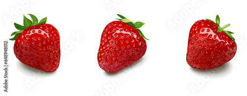 Three realistic strawberries with leaves isolated on white background. Vegetarian organic food. Vector Illustration.