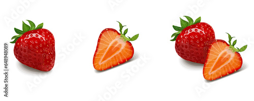 Fototapeta Naklejka Na Ścianę i Meble -  Set3 of realistic strawberries with leaves isolated on white background. Vegetarian organic food. Vector Illustration.
