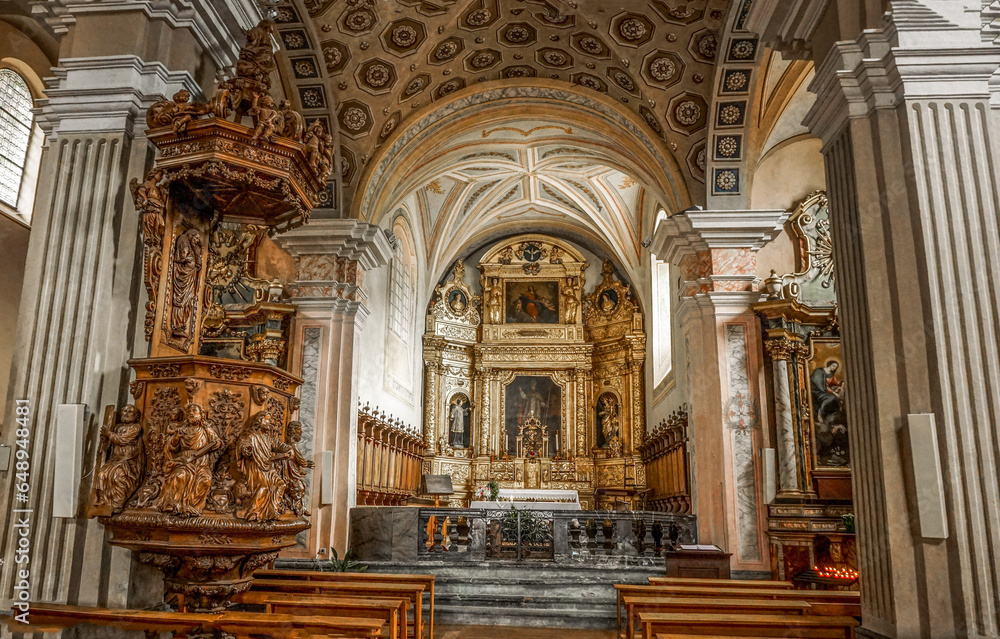 A panoramic look inside the   Medieval church of the Assumption of the Virgin Mary in the Ancient City of Albertville, France.
