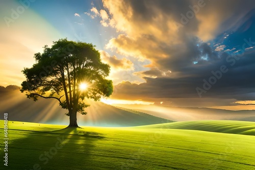 A tranquil scenery featuring a green meadow, a tree, and a clear blue sky, perfect for use as a background.