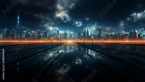 Futuristische Stadt bei Nacht mit Laserstrahl als Hintergundmotiv im Querformat für Banner, ai generativ