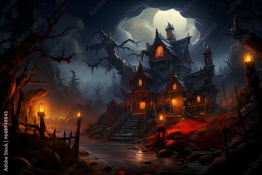 a painting of a haunted house with a full moon in the background. The house is old and decrepit, with boarded-up windows and a sagging roof. The moon is large and bright, and it casts a eerie glow 