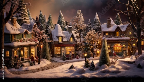 Photo of a festive Christmas village with a beautifully decorated Christmas tree