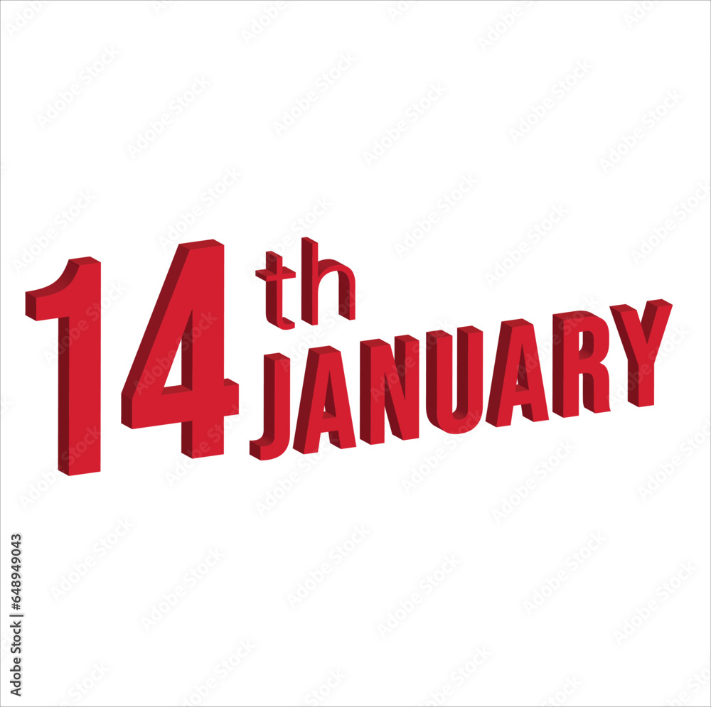 14th january ,  Daily calendar time and date schedule symbol. Modern design, 3d rendering. White background. 