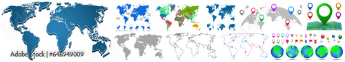 Set World Map Earth Planet, colourful world countries and country names, division into countries, continents of the planet, dotted and line style, GPS pins, set of globes - vector