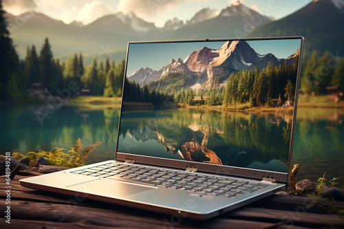 Laptop with an image of a mountain scene in the forest, in the middle of nature made with AI © The Picture House